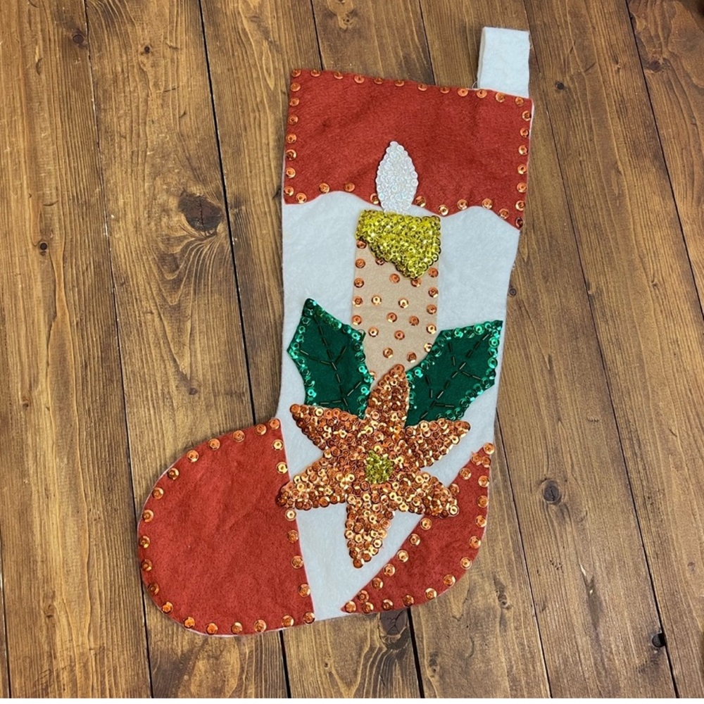 Felt embroidered Christmas stockings poinsettia and candle with sequins